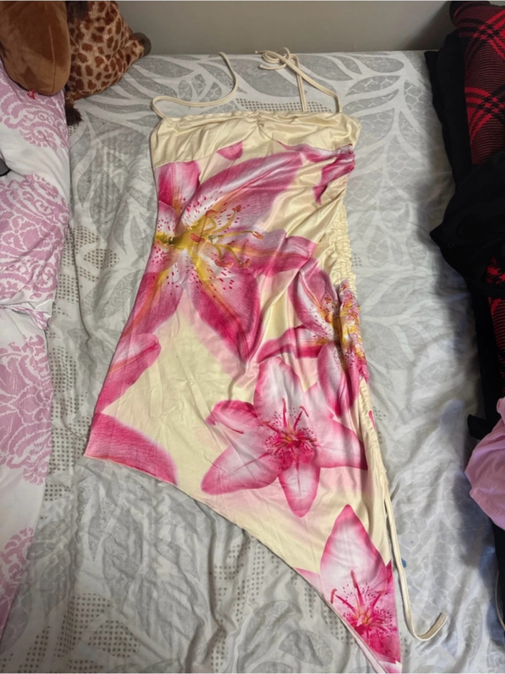 SHEIN Cream Slip Dress with Pink Floral Print